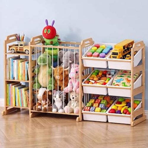3-in-1 Toy Storage Organizer with Spacious Stuffed Animal Storage & 6 Toy Bins & 3-Tier Bookshelf, Space-Saving & Kids Friendly, Montessori Wooden Toy Shelf for Kid Room, Bedroom, Playroom