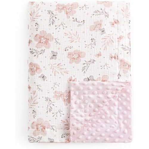 david's kids Muslin Minky Baby Blanket for Girls with Muslin Cotton Front and Dotted Fleece Backing, Breathable and Soft Lightweight Receiving Blanket for Newborns, 40x50 Inches, Floral Blossom