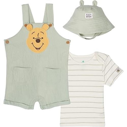 Disney Winnie the Pooh Baby Boys' Outfit Set 3 Piece Shortall Tee and Hat Newborn to Infant