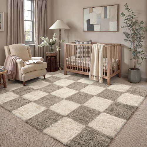 BERTHMEER 5'x7' Washable Shag Area Rugs for Living Room Bedroom Dorm Office Modern Checkered Contemporary Plush Soft Carpets Indoor Fuzzy Fluffy Rugs, Gray