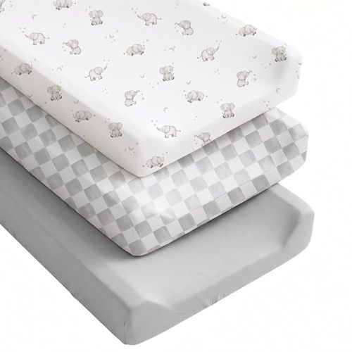 Konssy Silky Soft Changing Pad Cover 3 Pack, Ultra-Stretchy Diaper Changing Table Sheets, Breathable Snug Fit for Standard 32" x 16" Contoured Pads, Boho Neutral Sheets for Boys & Girls (Green Leaf)