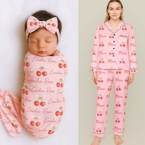Cherry Mom New Baby Matching Outfit Cherry New Mom Pajamas Newborn Swaddle Hospital Set Girl Baby Shower Gift Minky Beanie Hat Headband