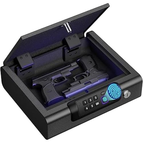 BILLCONCH Cabinet Safes Biometric Gun Safe Portable Pistol Safes Electronic Lock Box Key Access with LED Light Silent Mode Bedside Gun Safe for Pistols, Gun Lock Box for Nightstand