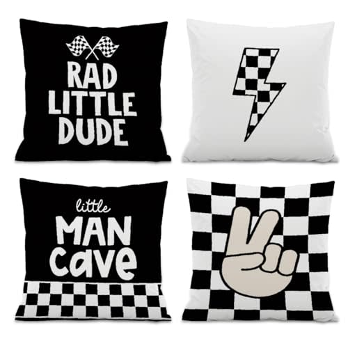 ISANOU Rad Little Dude Throw Pillow Covers,Retro Preppy Buffalo Plaid Peace Decorate Pillow Covers for Boy Teen Room Dorm,Teen Boys Gifts 18x18 Inch Pillowcase Set of 4