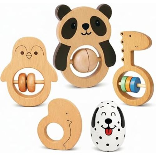 Wooden Baby Rattle Set (5pcs) – Montessori Infant Grasping Toys for 0-12 Months, Natural Non-Toxic Sensory Development Toy, Eco-Friendly Shaker Organic Baby Shower Gift for Boys & Girls