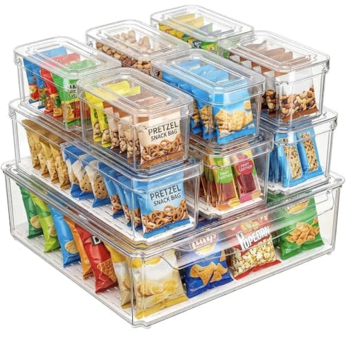 KUMD 10 Pack Food Storage Organizer Bins, Clear Pantry Containers with Lids | Stackable Plastic Set with Lids for Dry Goods, Snacks & Drinks, BPA-Free Space-Saving Organization with Drain Tray