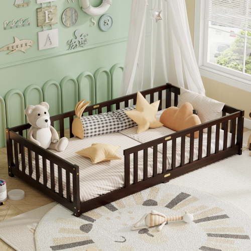Alvantor Twin Size Montessori Floor Bed for Kids with Rails, Wood Toddler Bed Frame,Espresso
