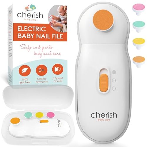Cherish Baby Care Baby Nail Trimmer Electric - Auto Safety Stop (4 Pads) | BPA-free, safety-tested electric nail file baby kit with automatic safety stop & 4 filing pads for babies 0-12+ months.