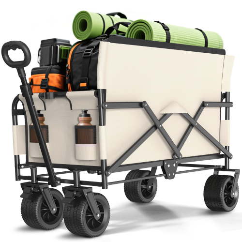 GVDV Heavy Duty Folding Wagon with Bench Seat – 550lbs/220L Large Collapsible Cart for Beach, Camping, Shopping, Tailgating, Sports & Groceries, Beige