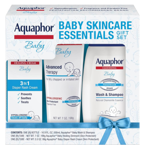 Aquaphor Baby Skin Care Essentials Gift Set with Baby Wash and Shampoo (16.9 Fl Oz) + Healing Ointment for Chapped Skin and Drool Rash (7Oz) + Diaper Rash Cream (3.5Oz), Hypoallergenic