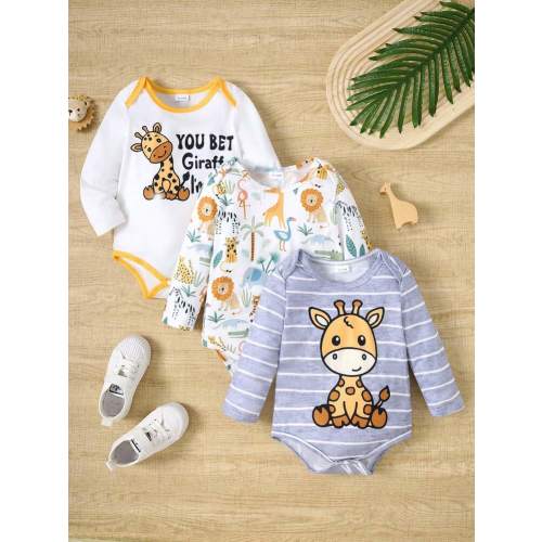 3pcs/Set Baby Boys' Cartoon Giraffe Print & Wildlife Full Body Print Long Sleeve Bodysuit, Fall Winter | SHEIN USA