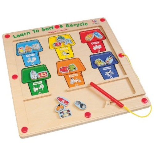 Constructive Playthings Recycle & Sort Magnetic Game – Wooden Recycling Sorting Maze for Kids Ages 3+