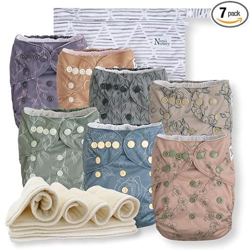 Nora's Nursery Cloth Diapers 7 Pack with 7 Inserts & 1 Wet Bag - Waterproof Cover, Washable, Reusable & One Size Adjustable Pocket Diapers for Newborns and Toddlers - Modern Blooms