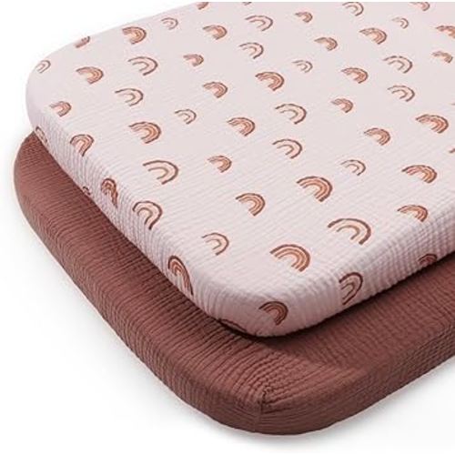 Muslin Bassinet Sheet for Baby Girl and Boy, Ultra Soft Bedside Bassinet Sheets Fitted for Oval, Rectangle and Hourglass Mattress Pad, 2 Pack (Rainbow&Cedar)