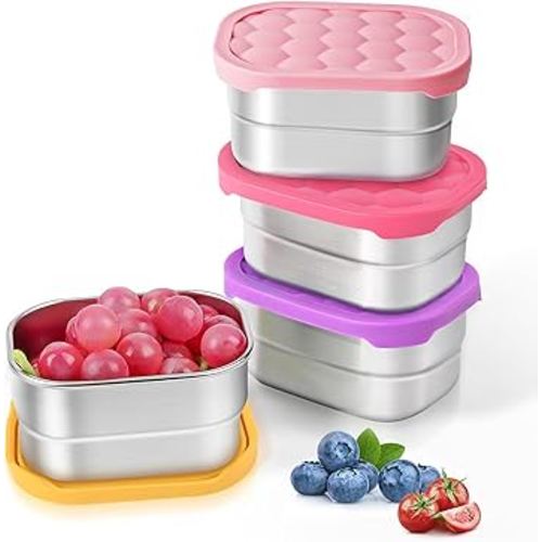 4Pack Small (1 CUP) 8oz Stainless Steel Snack Containers for Kids | Reusable Easy Open Toddler Snack Containers with Silicone Lids | Stackable Toddler Lunch Box for Daycare, School and Travel