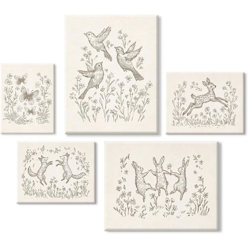 Nursery Woodland Animal Wall Art Baby Boy Canvas Wall Decor Vintage Forest Animal Art Prints Kids Room Poster Cottagecore Deer Fox Pictures Painting Neutral Artwork Bedroom 8x10x5 Inch Ready to Hang