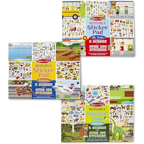 Melissa & Doug Reusable Sticker Pads Set: Habitats, Vehicles, Town: 115 Stickers - Restickable Stickers Book, Sticker Pads For Kids Ages 3+