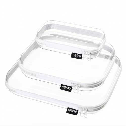 YQBRAO Clear Hard Shell Organizer Cases, Multi-Size (L, M & S), 3-Pack | 1.2 mm clear PET organizers in three sizes for toiletries, cosmetics, electronics, travel items, and everyday storage