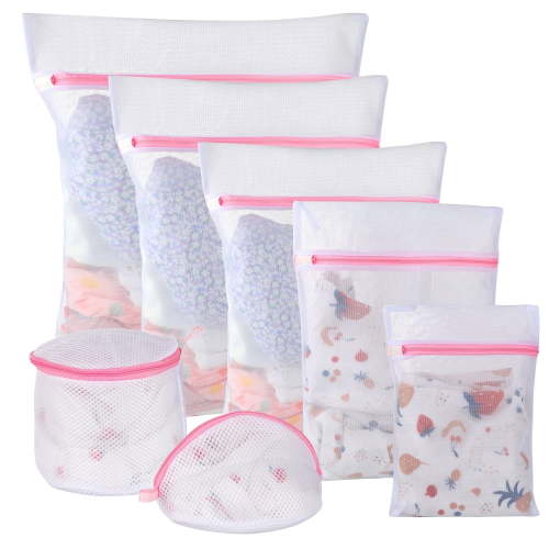 Kusmil Mesh Laundry Bags Set for Delicates, Laundry, Travel, 7-Piece, White and Pink