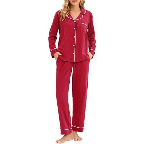LUBOT 100% Cotton Pajamas for Women PJ Set Soft Button-Down 2 Piece Set Knitted Long Sleeve Sleepwear Loungewear XS-XXL