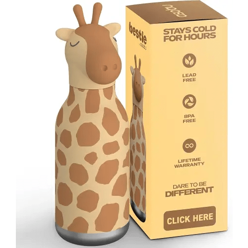 asobu Bestie Bottle Insulated Stainless Steel Water Bottle with Detachable Soft Animal Head Fun Drinking For Kids and Teens16 Ounce with Flexible Reusable Straw (GIRAFFE)