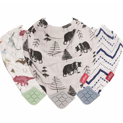 Nuby Reversible 100% Natural Cotton Muslin 3 Piece Teething Bib, Green/Grey/Blue, Dinosaur/Bear/Stripes - Boy