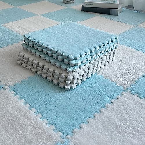 Typutomi 10pcs Plush Puzzle Foam Floor Mat, Soft Fluffy Interlocking Square Foam Tiles Area Rugs Carpet for Parlor Bedroom Decoration(11.8x11.8in, Blue&White)