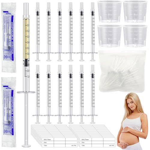 50PCS Colostrum Collector Kit Include 1ml Breastmilk Collector Syringes with Caps 4Pcs Measuring Cups 60 Stickers and Collection Bag Breast Colostrum Collection Gift Set for Breastfeeding