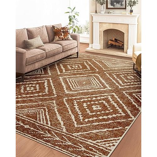Area Rug 6x8 Rug Machine Washable Non-Slip Low Pile Print Pattern Western Rug for Living Room Bedroom Entryway Tribal Series-Yellowbrown/Cream