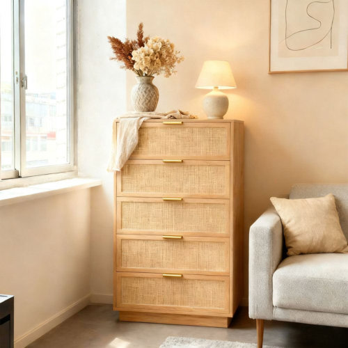 Mercer41 Rattan 5 Drawer Dresser, 46.7in Tall 5 Chest of Drawers with Metal Handles and Wooden Sturdy Base for Bedroom Living Room Nursery | Wayfair