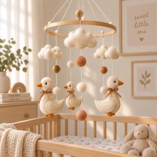 Felt Goose Baby Mobile, Duck Crib Mobile, Neutral Farm Nursery Decor, Cloud Hanging Mobile, Handmade Baby Shower Gift