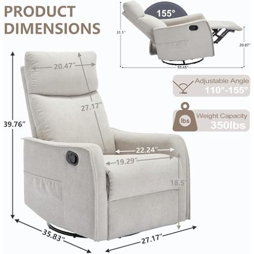 Beige Swivel Rocker Recliner Chair with Heated Massage, Rocking Reclining Chairs for Nursery, High Back, Side Pocket