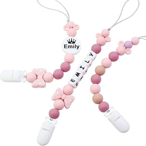 Customized Baby Pacifier Holder Clip with Name, Personalized Name Pacifier Clip for Boys and Girls Fits for Most Pacifiers (Pink)