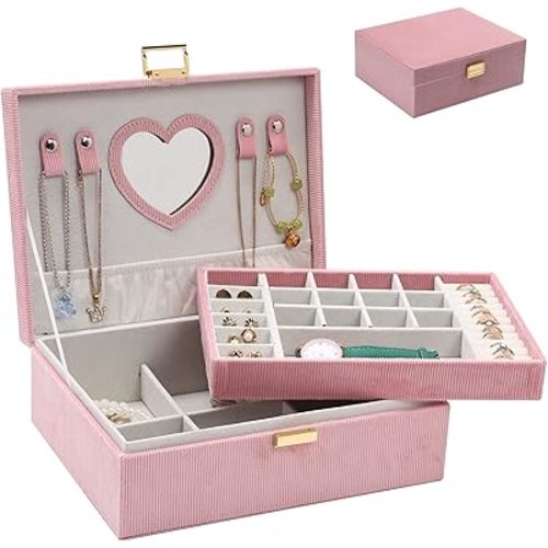 Dajasan Jewelry Boxes for Women Girls, Jewelry Organizer Box, 2-Layer Large Velvet Jewelry Organizer for Rings Necklaces Bracelets Watch Earring（Pink）