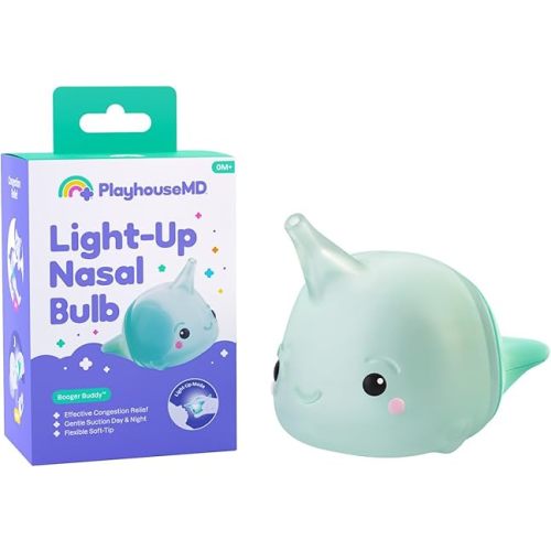 Playhouse MD Booger Buddy Nasal Aspirator Bulb, Narwhal - with LED Light for Babies & Toddlers – BPA-Free Snot Remover for Infant Stuffy Nose and Congestion Relief – Easy to Clean Design