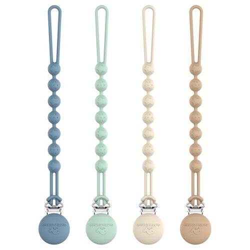 Cuddle Campus Silicone Pacifier Clip Holder with One Piece Design, Pack of 4 Soft Flexible Binky Clips with Texture for Baby Boy and Girl (0-6M) Set 1