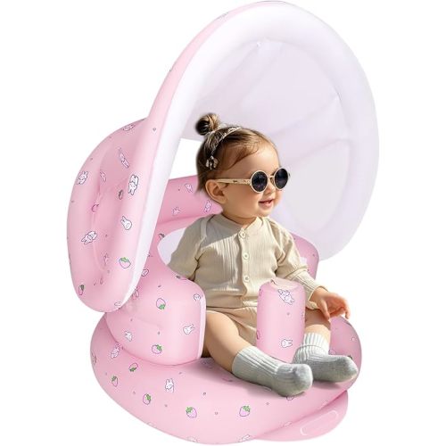Inflatable Baby Seat with Detachable Canopy and Built-in Pump, Inflatable Baby Chair for Babies 3 Months and Up, Sit Me Up Chair for Outdoor Indoor, Bumbo Seat for Infants, Strawberry