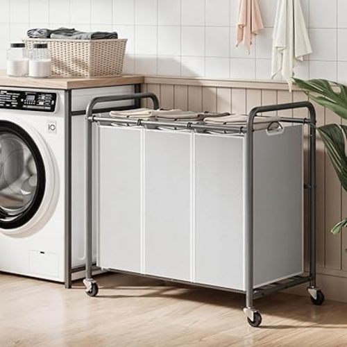 ROMOON Laundry Sorter Hamper 3 Section, Divided Laundry Basket Organizer with Heavy Duty Lockable Wheels and Removable Bags, Rolling Clothes Hamper for Apartment, Dorm & Family (130L Neutral Gray)
