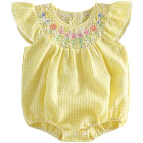Newborn Baby Girl Smocked Bubble Romper Flower Round Neck Fly Sleeve Infant Onesie Bodysuits Jumpsuit Summer Clothes