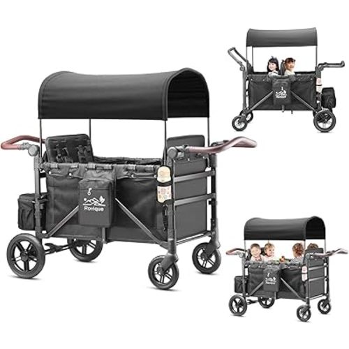 Rovique Wagon Stroller 4 Seater – Includes Adjustable Canopy,Convertible Seats, Snack Tray, Parent Organizer, 5-Point Harness, Push/Pull Adjustable Handle