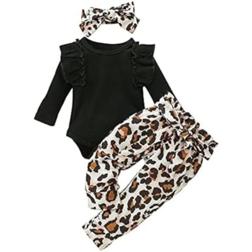 3Pcs Baby Girl Clothes Mama's Baby Long Sleeve Romper Infant Baby Leopard Outfits 0-18 Months