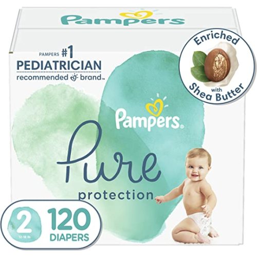 Diapers Size 2, 120 Count - Pampers Pure Protection Disposable Baby Diapers, Hypoallergenic and Unscented Protection, Enormous Pack (Packaging & Prints May Vary) - Size 2 (120 Count)