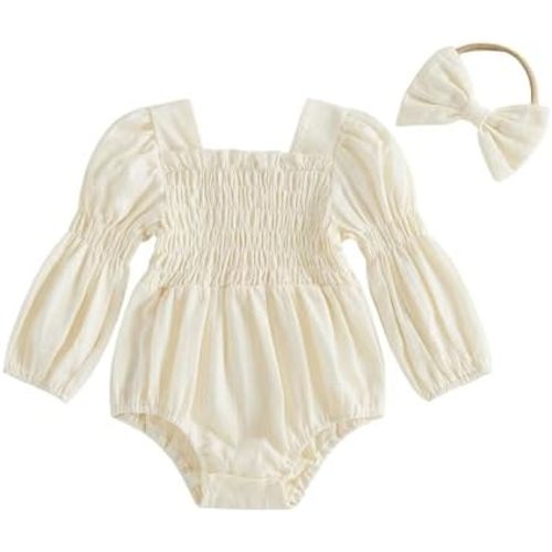 Kavousa Smocked Baby Girl Clothes Newborn Girl Bubble Romper Long Sleeve Jumpsuit And Headband Outfit Cute Infant Clothing