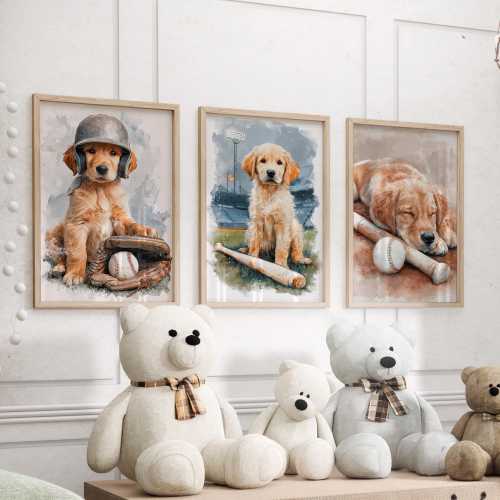 Golden Retriever Baseball Nursery Wall Art Set of 3 Poster or Canvas Prints, Cute Puppy Watercolor Art, Dog Baseball Theme Baby Room Decor