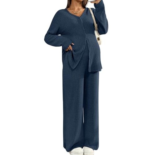 BLENCOT Women's Maternity Lounge Set 2 Piece Outfits Long Sleeve Top and Pants Pregnancy Clothes with Pockets