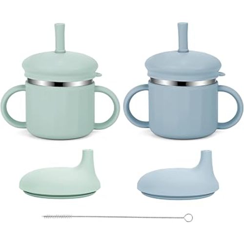 Stainless Steel Baby Sippy Cups, 7.4 Oz Spill Proof Toddler Straw Cups, 3 Stages Training Cup for Toddlers 1-3 Year, Kid Cups with Silicone Sheel and Straws (Blue+Green)