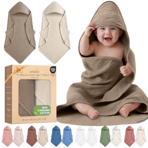 100% Organic Cotton 2 PK Muslin Baby Hooded Towel Toddler 32x32 in | Oeko-TEX Certified, Bath & Hooded Towels, Baby Towel, Pink Bath Towels, Olive/Ivory Unisex Design, Lightweight yet highly