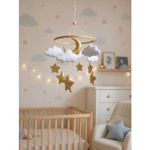 Cloud and Stars Baby Mobile for Crib | Neutral Nursery Decor Handmade Felt