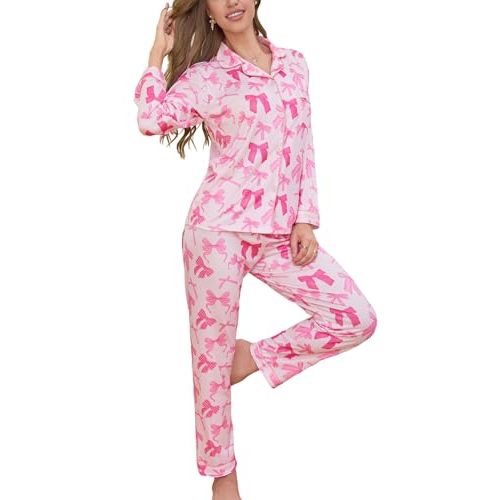 Pajamas for Women Set 2 Piece Pjs Button Down Long Sleeve Lounge Sets | Bow Print Womens Pajama Sets,Classic notch collar,Soft Sleepwear,Chest Pocket,Elastic Waist
