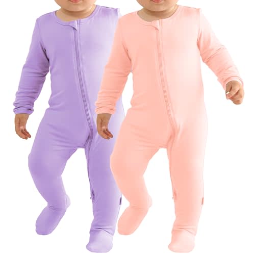 Ekkimy Baby Bamboo Rayon Romper Infant Footies Long Sleeve Double Zipper Outfits 2-Pack One-Piece Jumpsuits